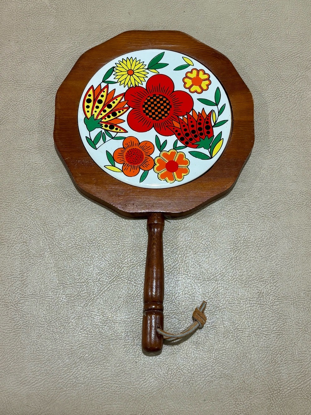 Vintage 1970s Wood & Ceramic Wall Art Trivet Colorful Floral Cottagecore Retro